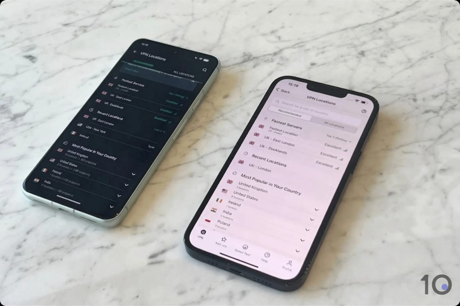 ExpressVPN server list on Android (left) and iOS (right).