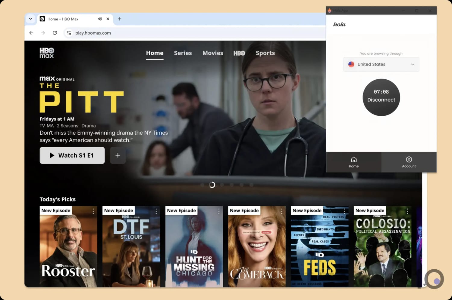 Unblocking HBO Max with Hola VPN.