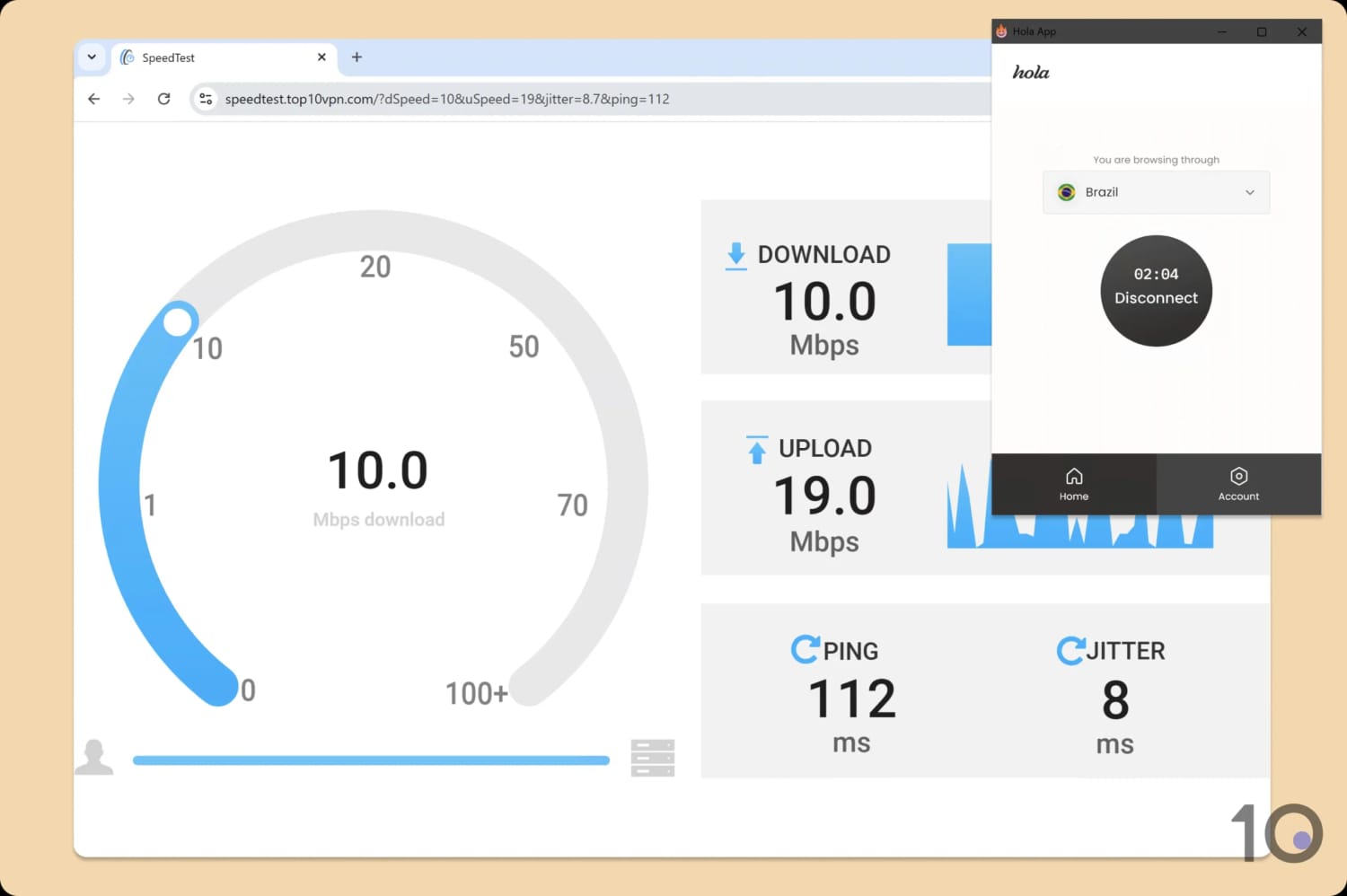 Using Top10VPN's speed test tool to measure Hola VPN's speeds.