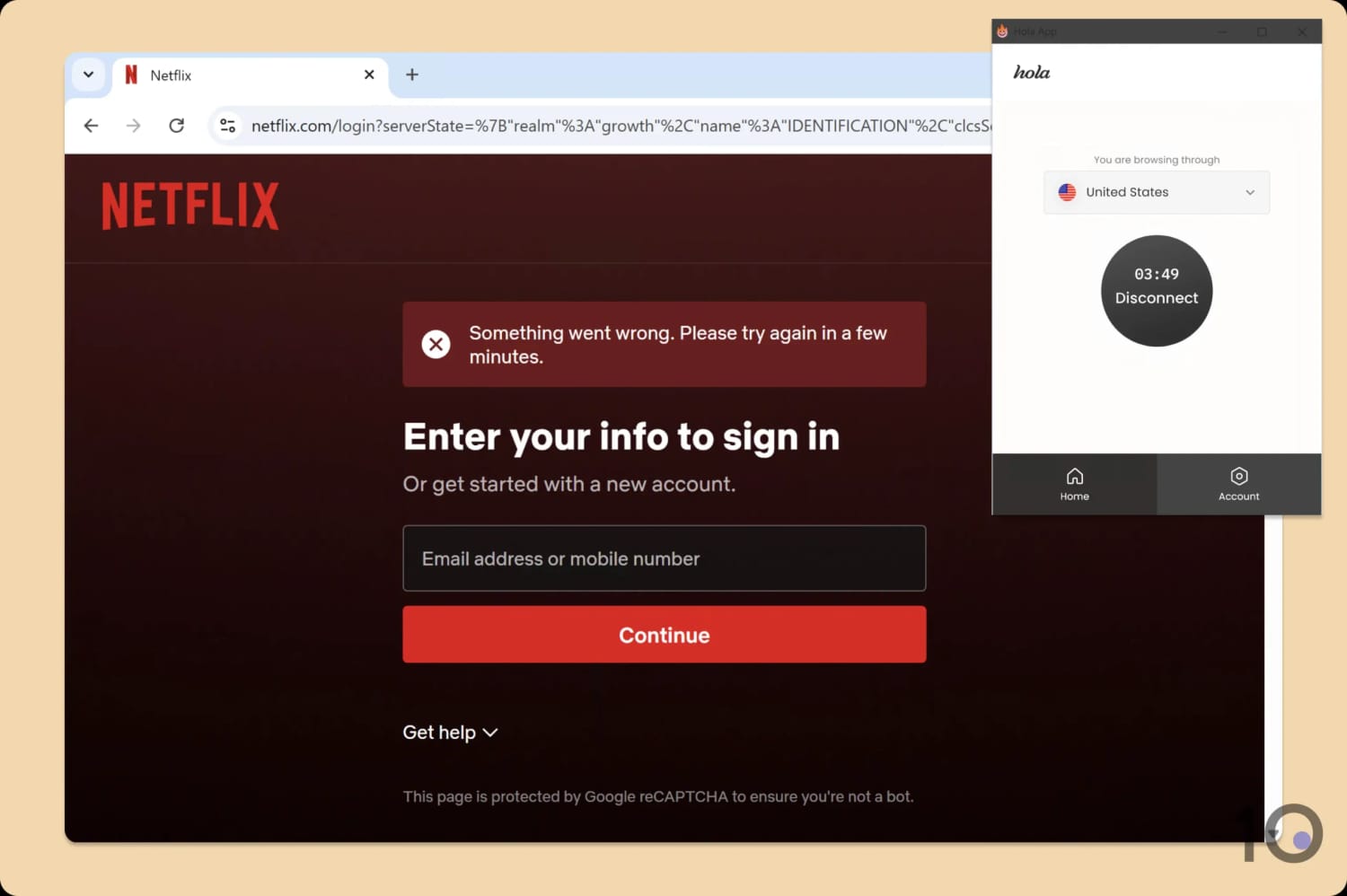 Netflix error message when using Hola VPN.