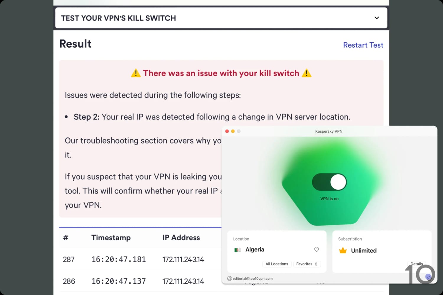Screenshot of Kaspersky VPN's kill switch test results.