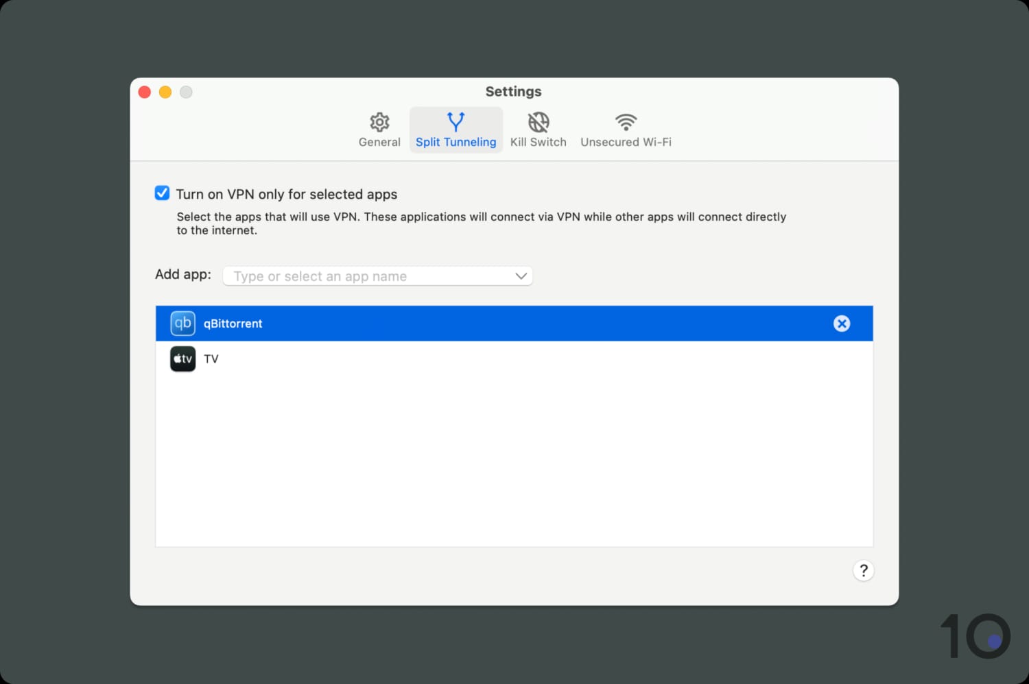 Screenshot of Kaspersky VPN's split tunneling feature.