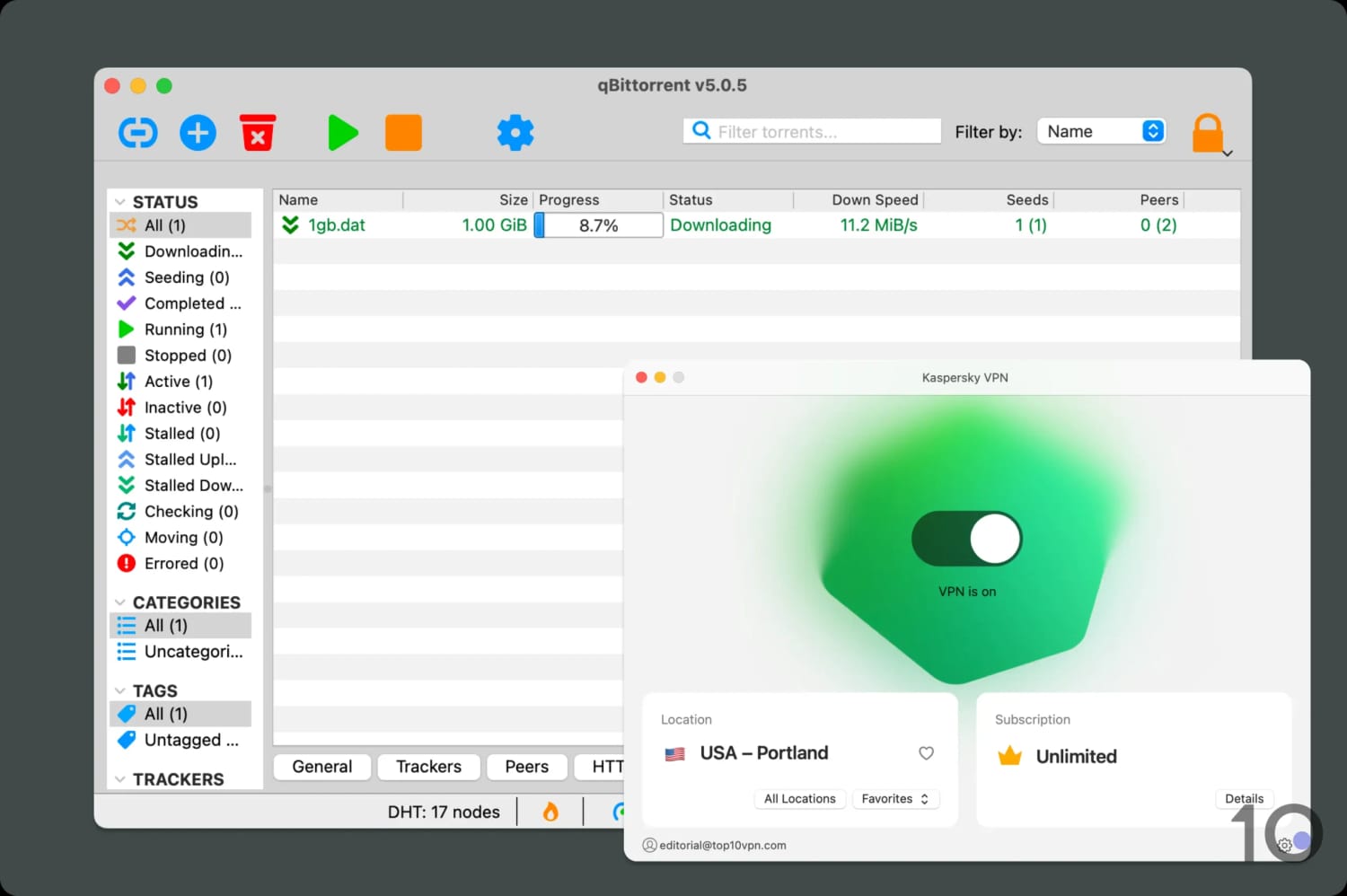 Torrenting with Kaspersky VPN.