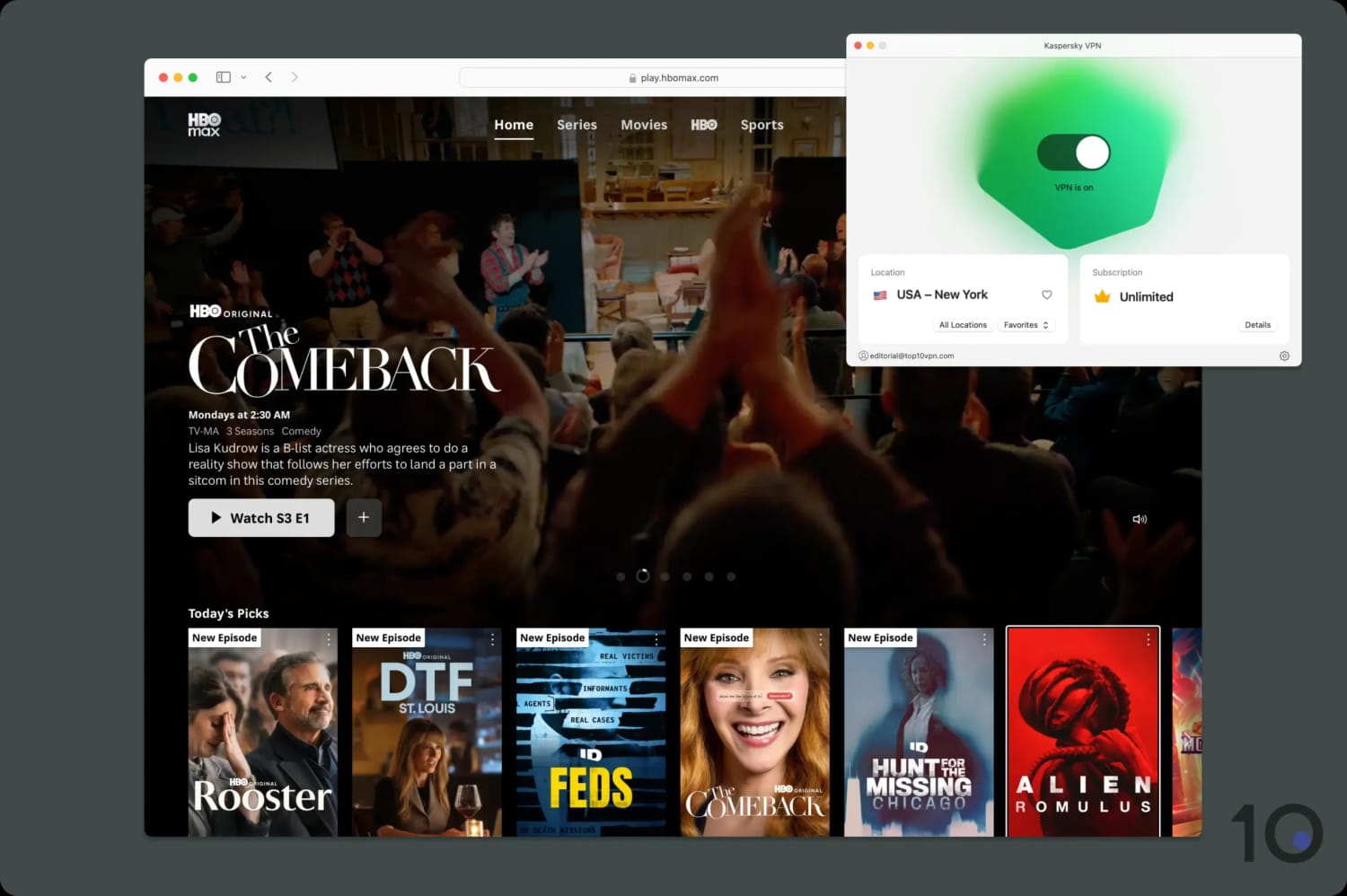 Using Kaspersky VPN to unblock HBO Max.