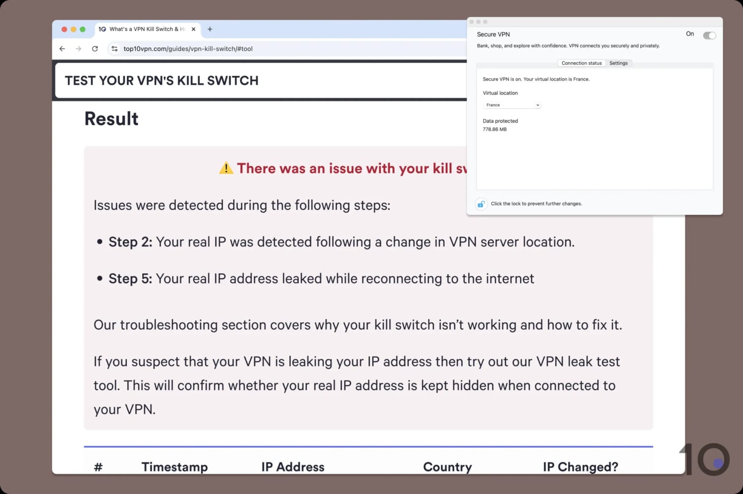 Using Top10VPN's kill switch tool to test McAfee VPN.