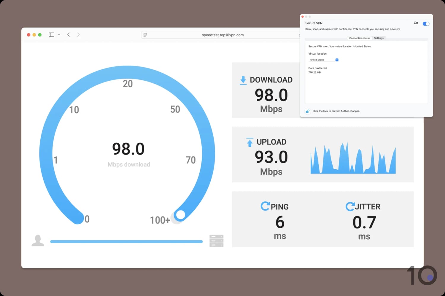 Using Top10VPN's testing tool to measure McAfee VPN's speeds.