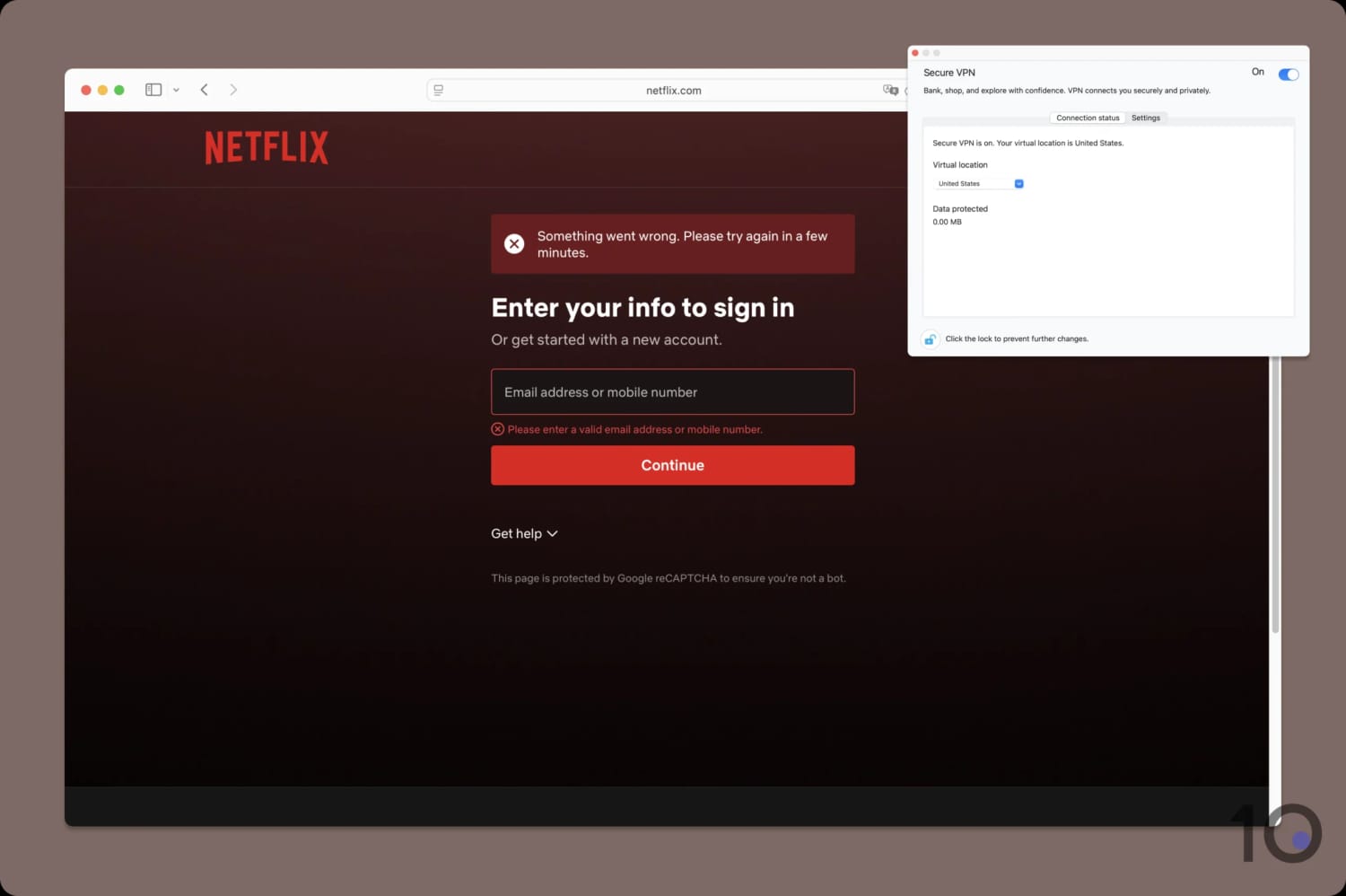Netflix login error screen while using McAfee VPN.