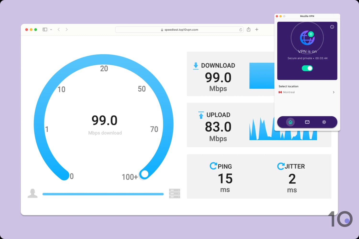 Using Top10VP's speed test tool to measure Mozilla VPN's speeds.
