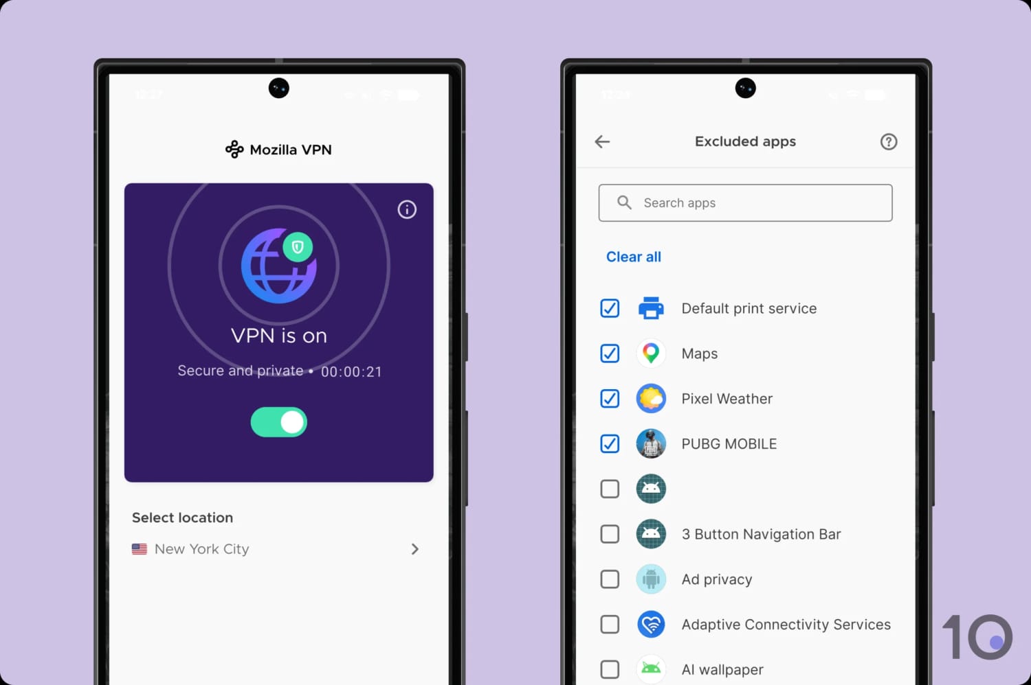 Split tunneling on the Mozilla VPN Android app.