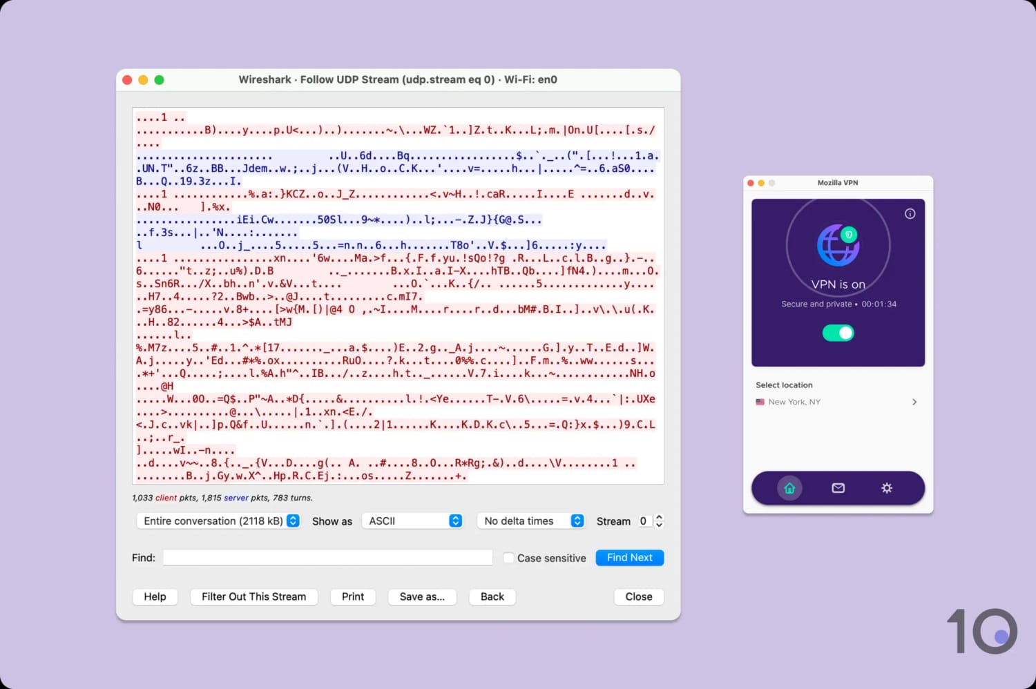 Using Wireshark to test Mozilla VPN's encryption.