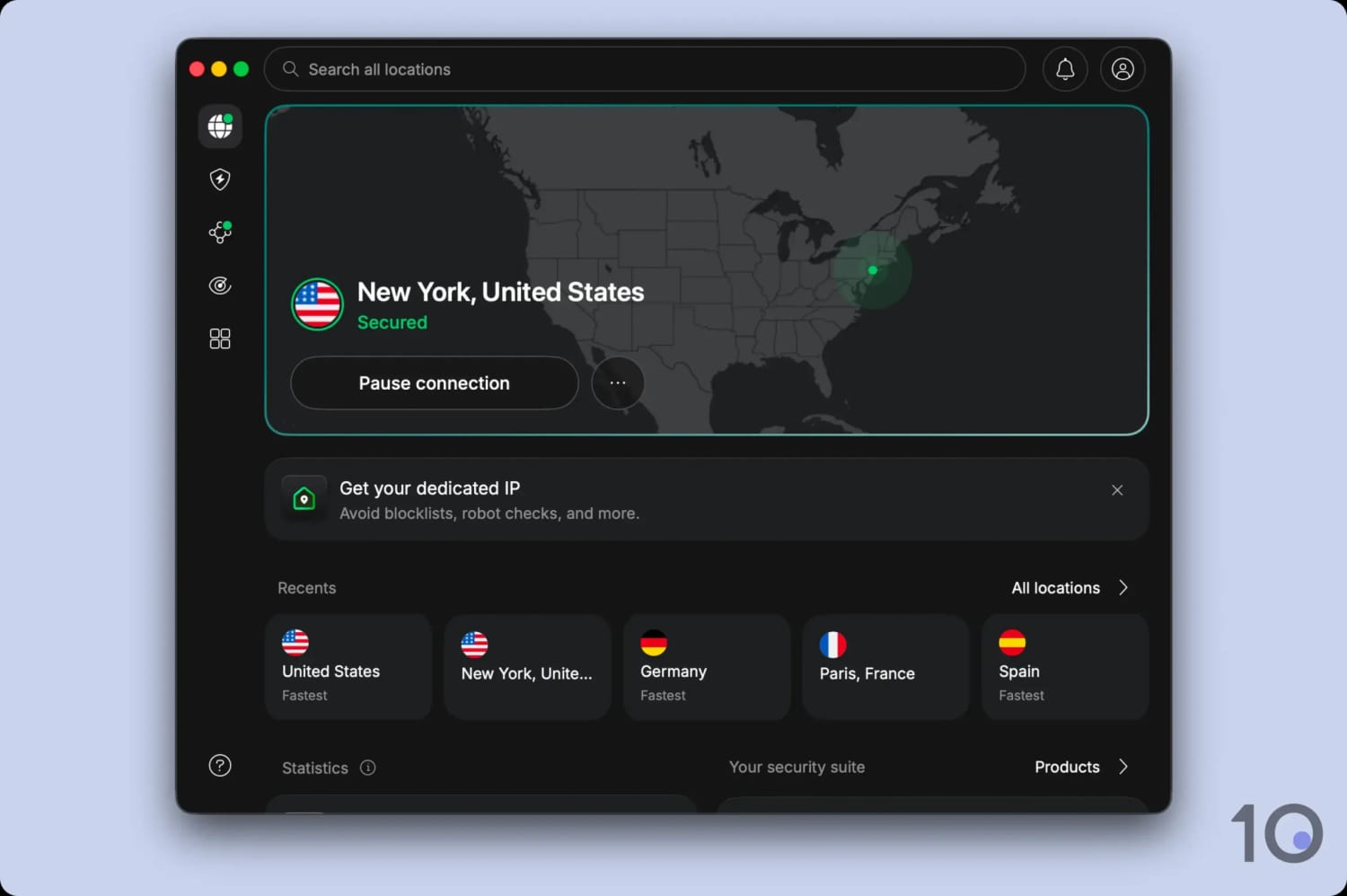 The home screen of NordVPN's Mac app in Dark Mode.