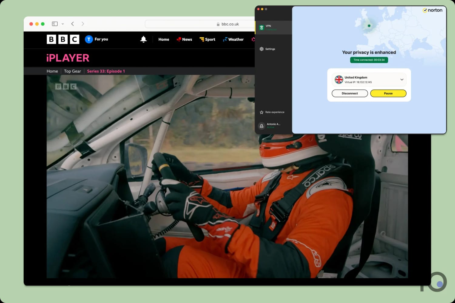 Screenshot of unblocking BBC iPlayer with Norton VPN.