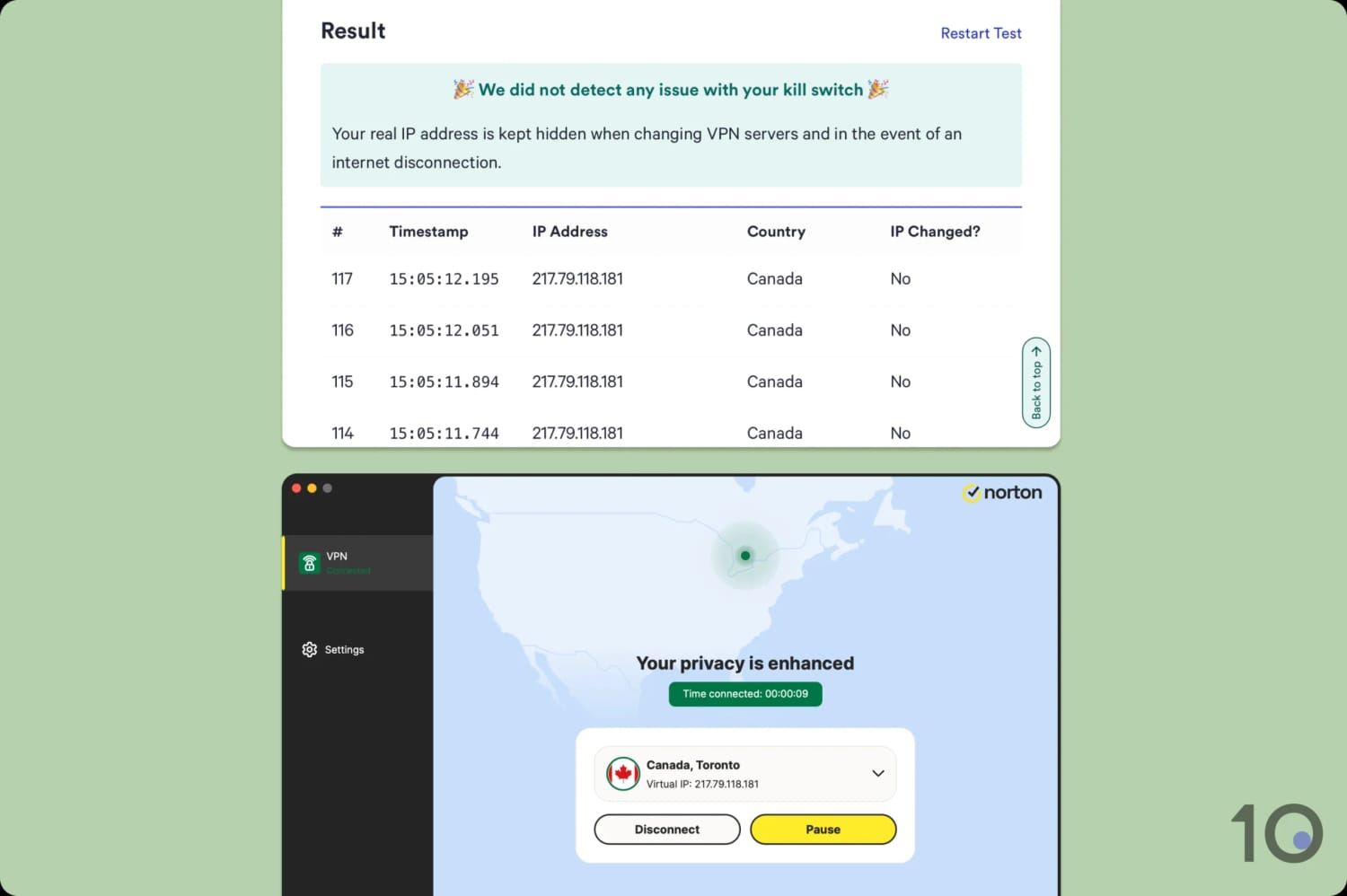 Screenshot of Norton VPN's kill switch results.