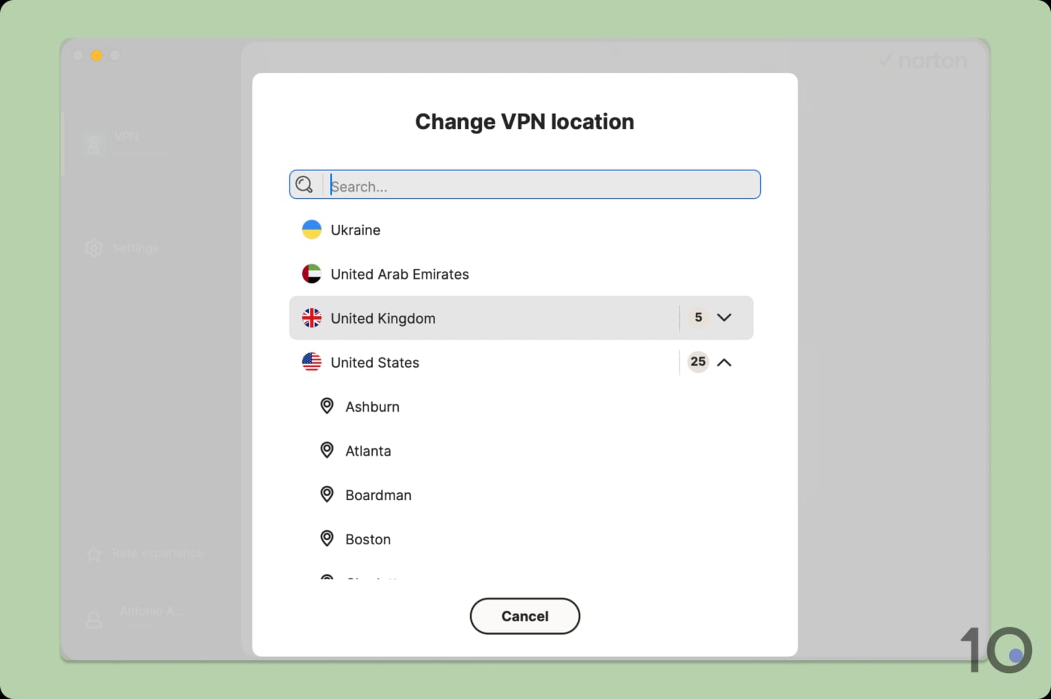 Screenshot of Norton VPN's in-app server list.
