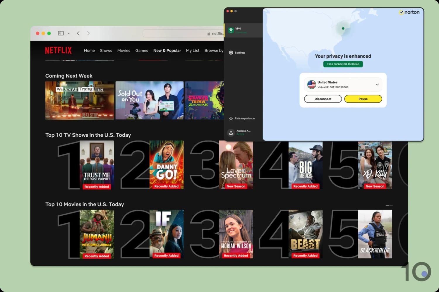 Screenshot of unblocking US Netflix with Norton VPN.