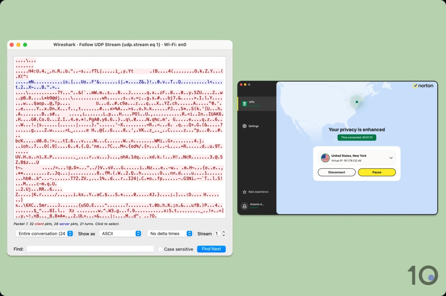 Using Wireshark to verify Norton VPN's encryption.