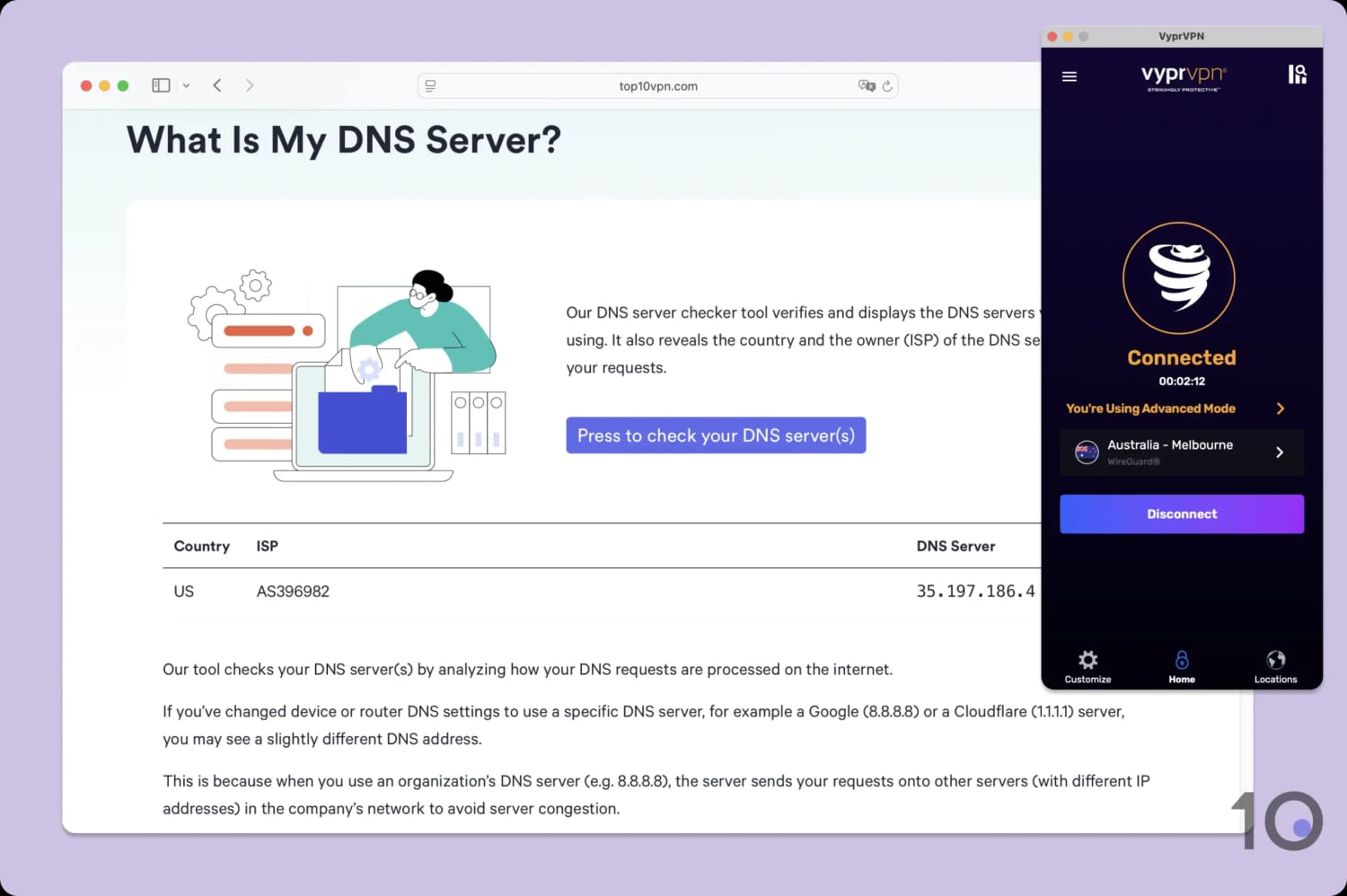 Using Top10VPN's DNS server checker tool on VyprVPN.