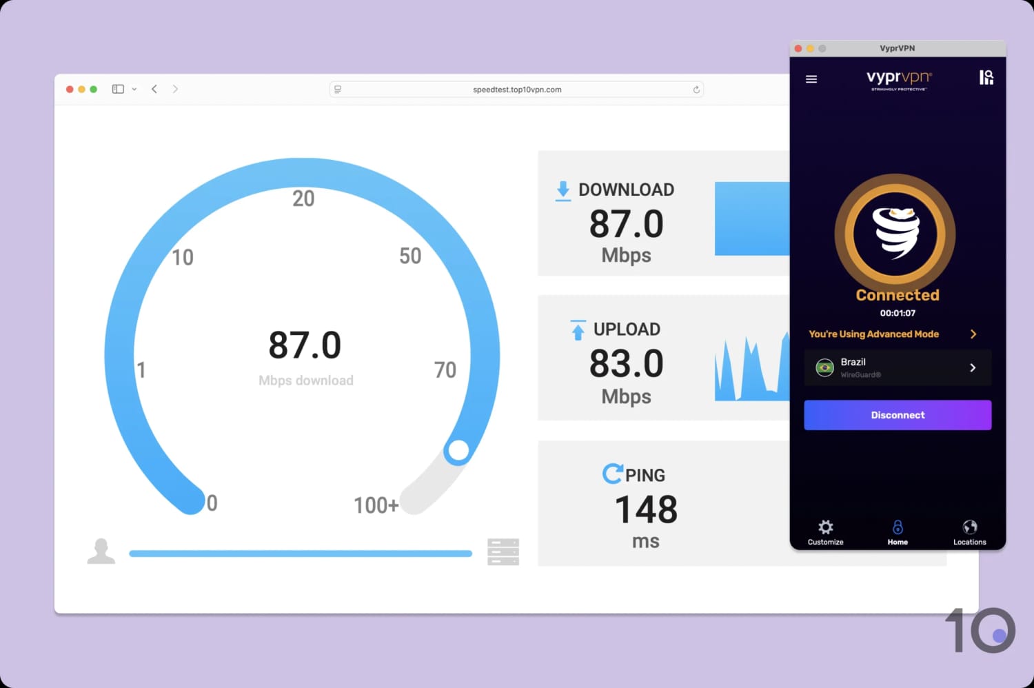 Using Top10VPN's speed test tool to measure VyprVPN's speeds.