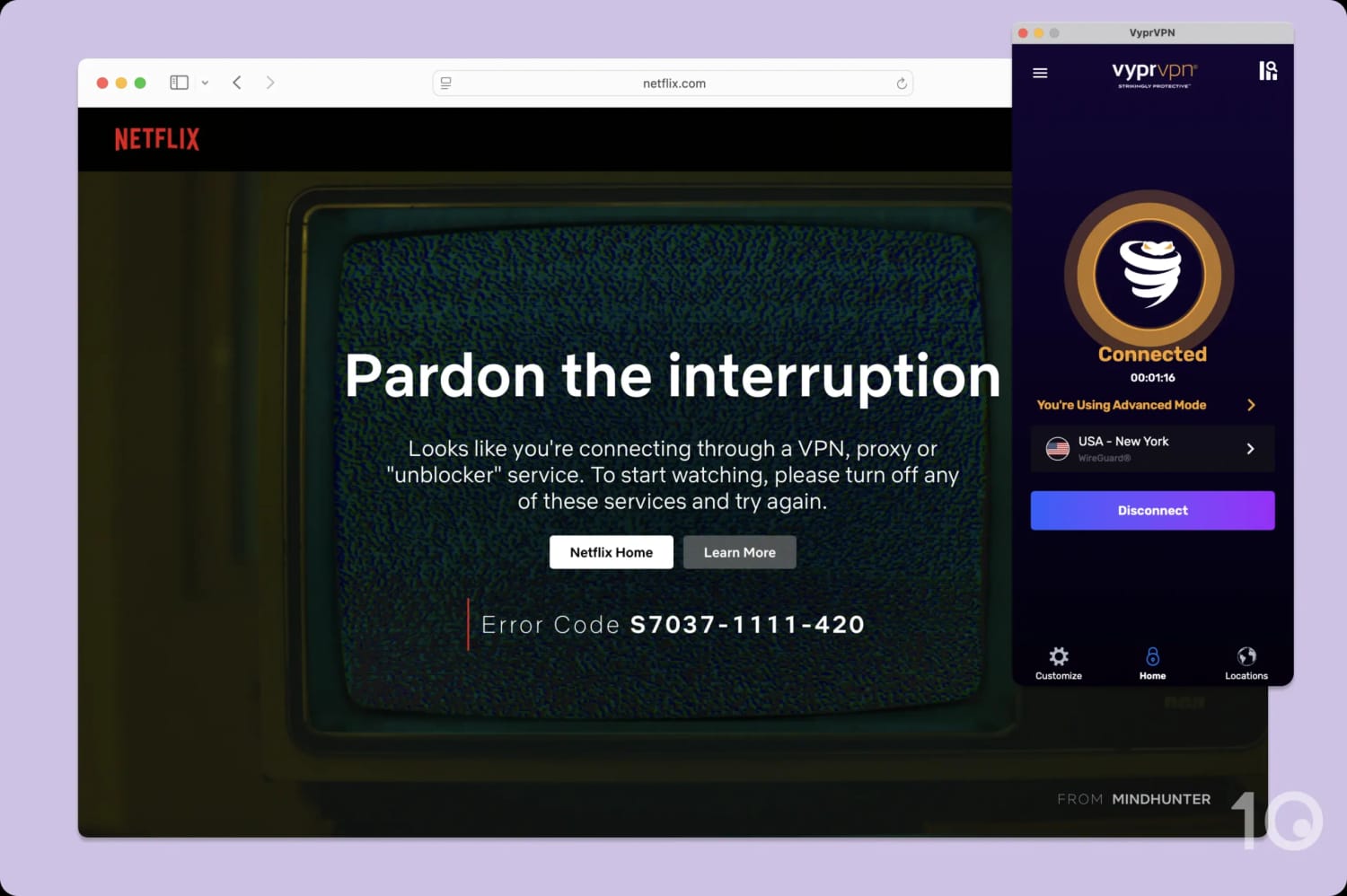 Netflix error message when using VyprVPN.