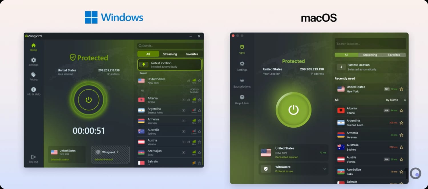 ZoogVPN's Windows and macOS apps.