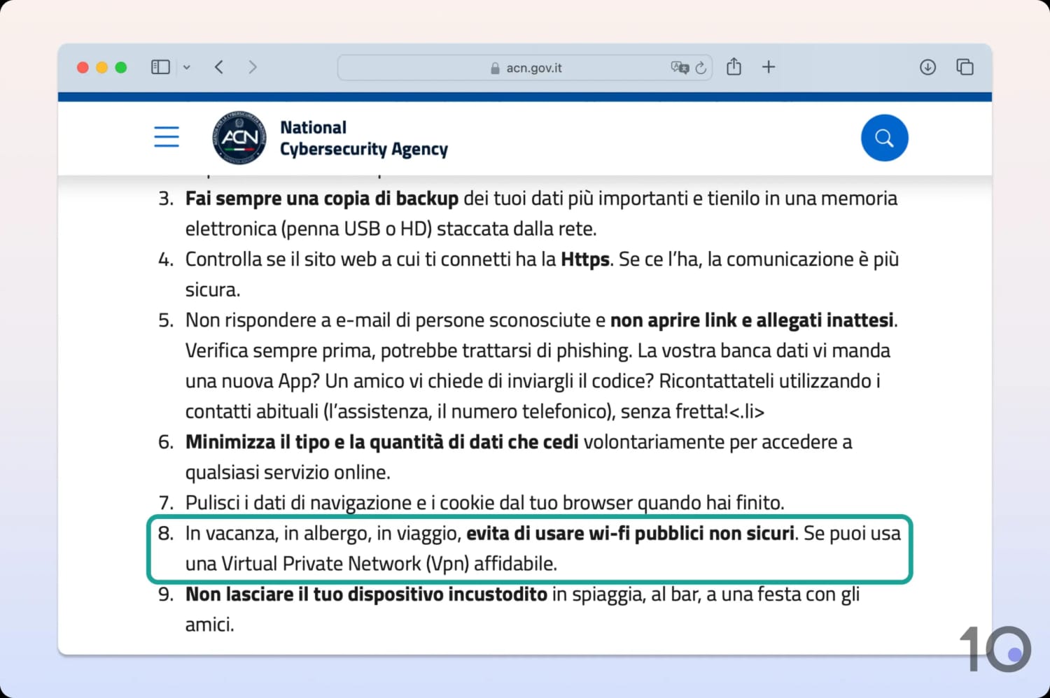 Screenshot from the ACN website, advising VPN usage on public WiFi.