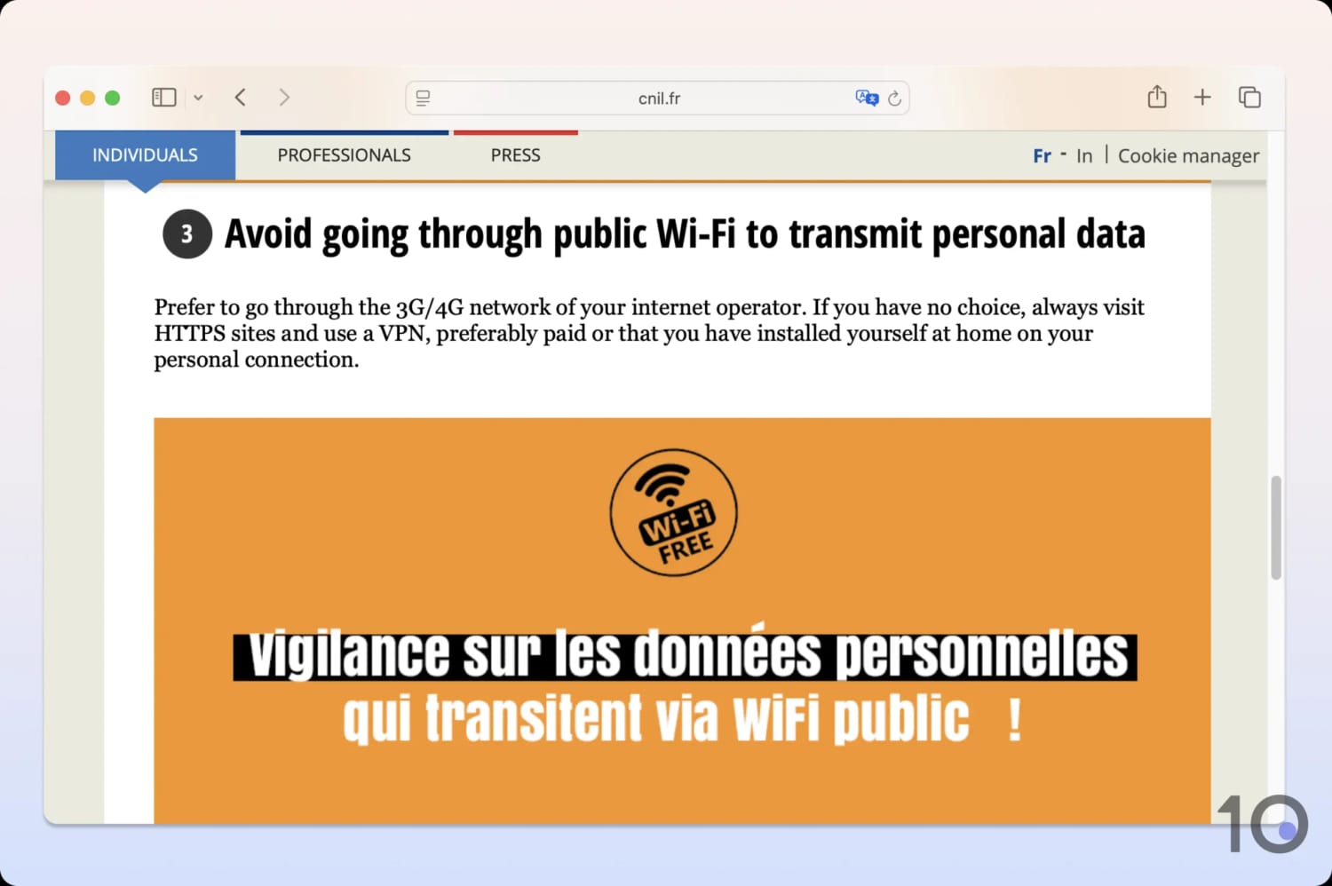 Screenshot of CNIL's guidance on using public WiFi in France.