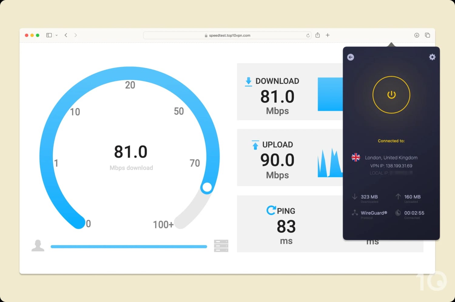 Using Top10VPN's speed tool to test CyberGhost's UK speeds.