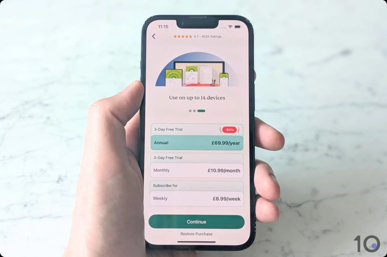 Activating ExpressVPN's 3-day free trial on iOS.