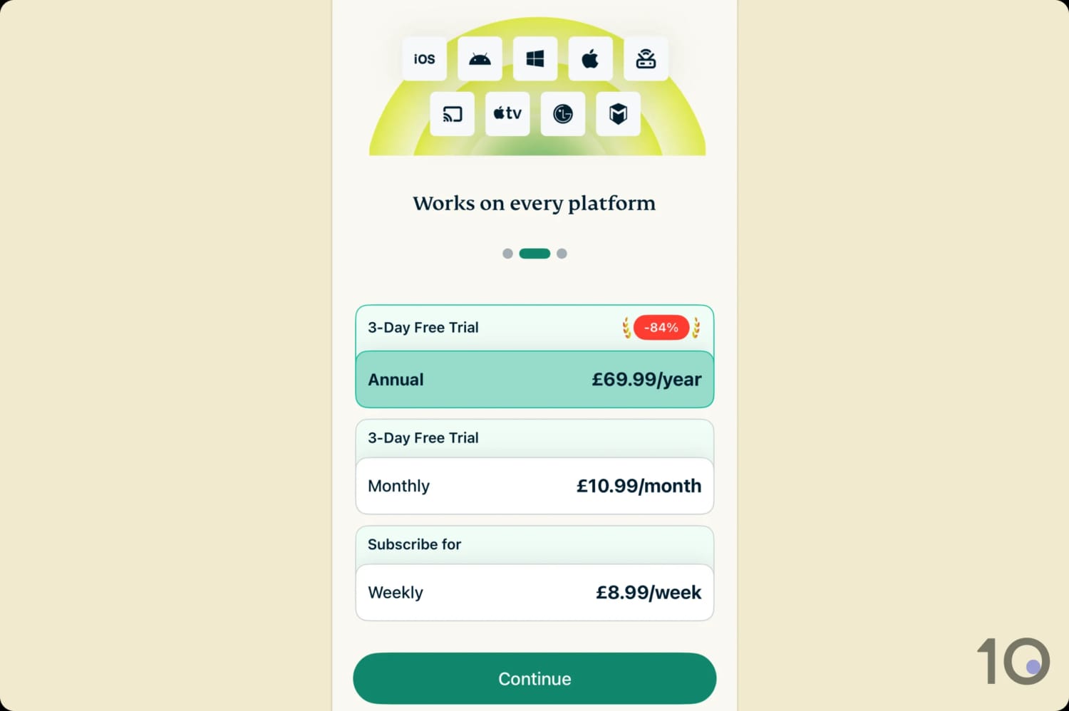 Screenshot of free trial options on ExpressVPN's iOS app.