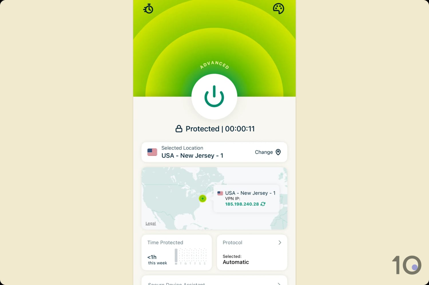 Screenshot of the ExpressVPN homescreen on iOS.