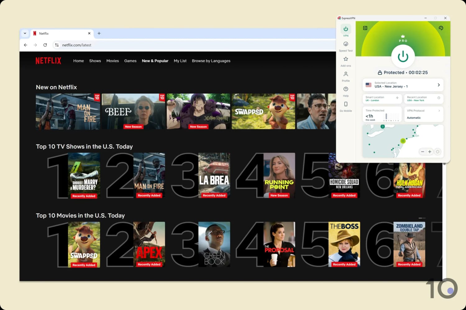 Screenshot of US Netflix and ExpressVPN's Windows PC app.