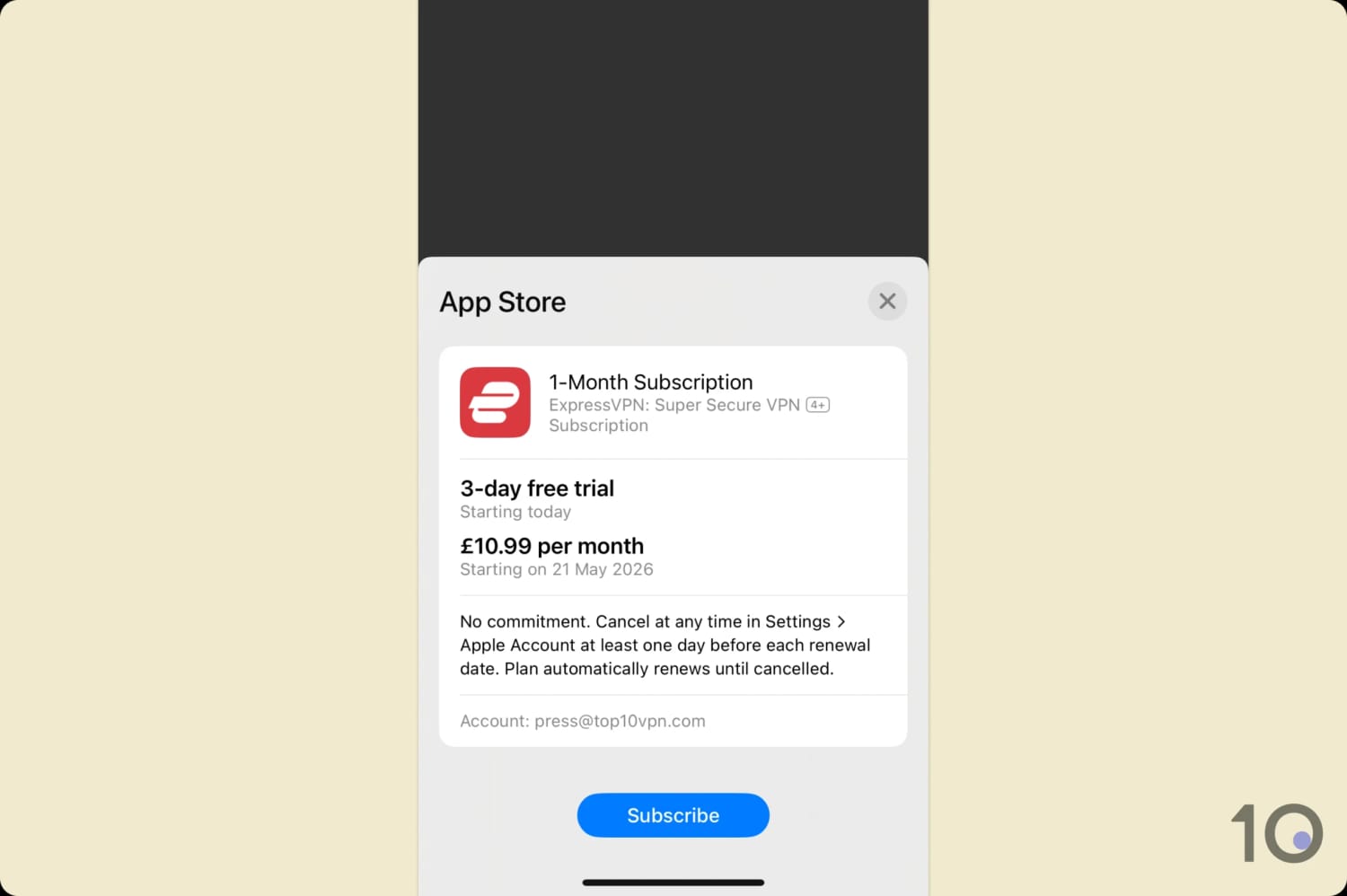 ExpressVPN iOS free trial confirmation dialog.