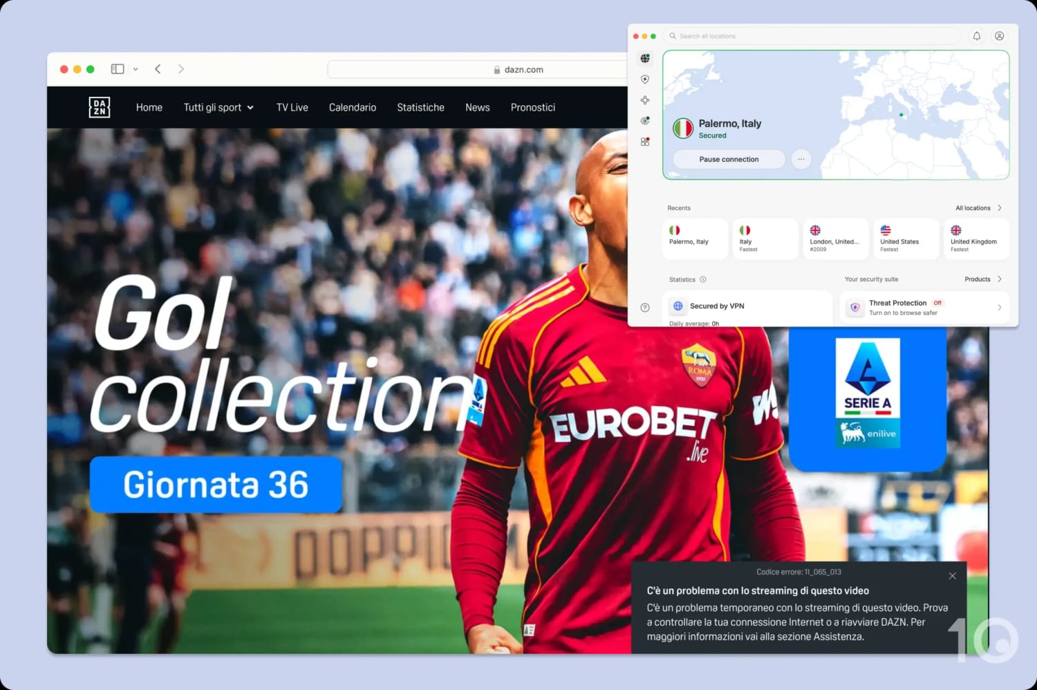 Screenshot of DAZN Italy error message while using NordVPN.
