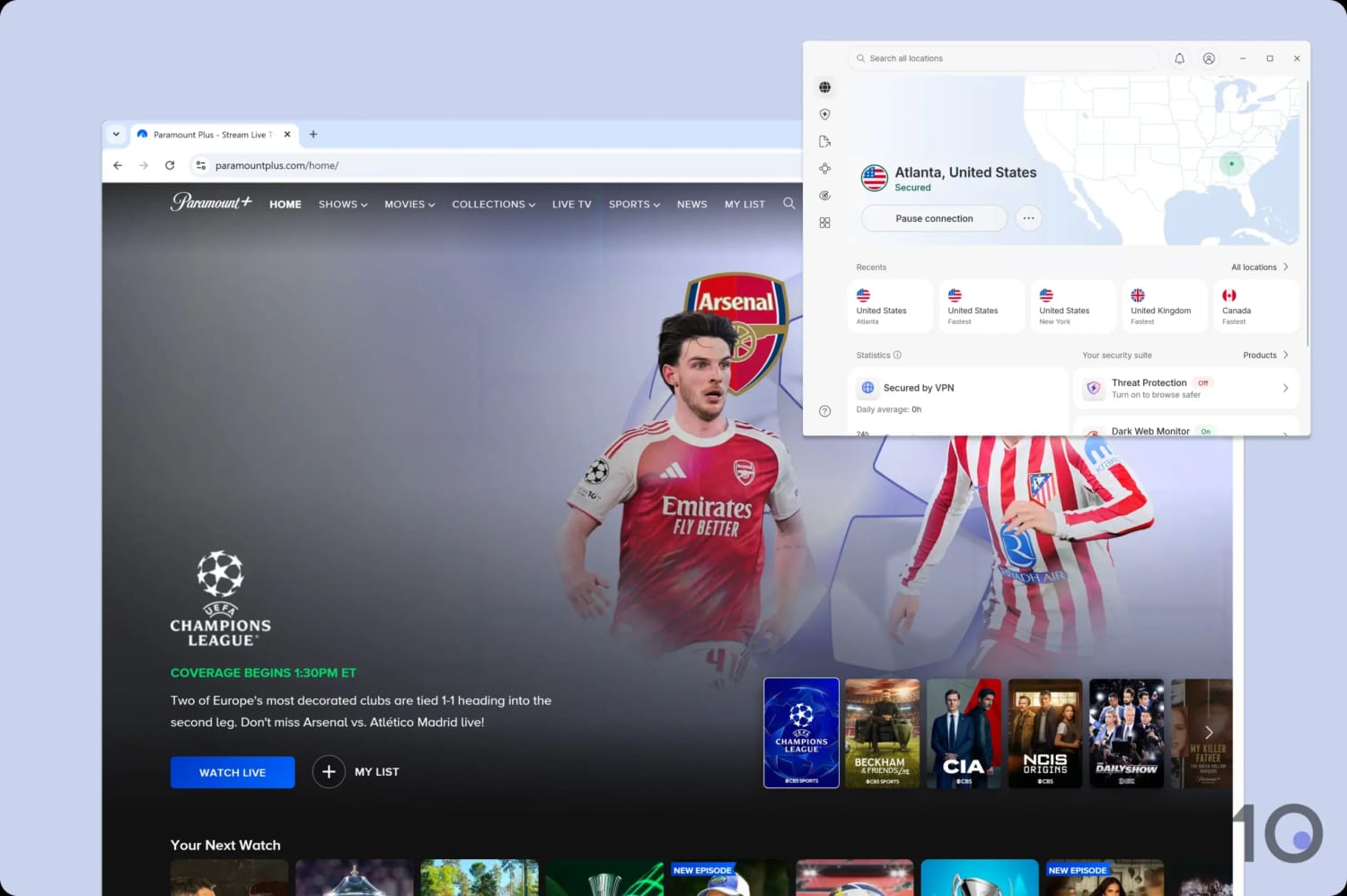 Screenshot of Paramount+ and NordVPN's Windows app.