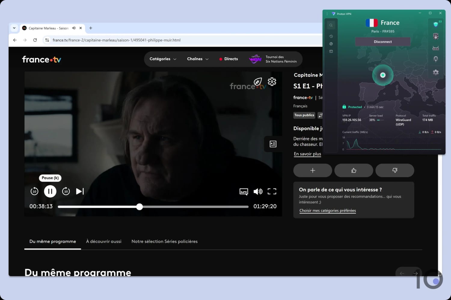 Screenshot of Proton VPN unblocking France TV.