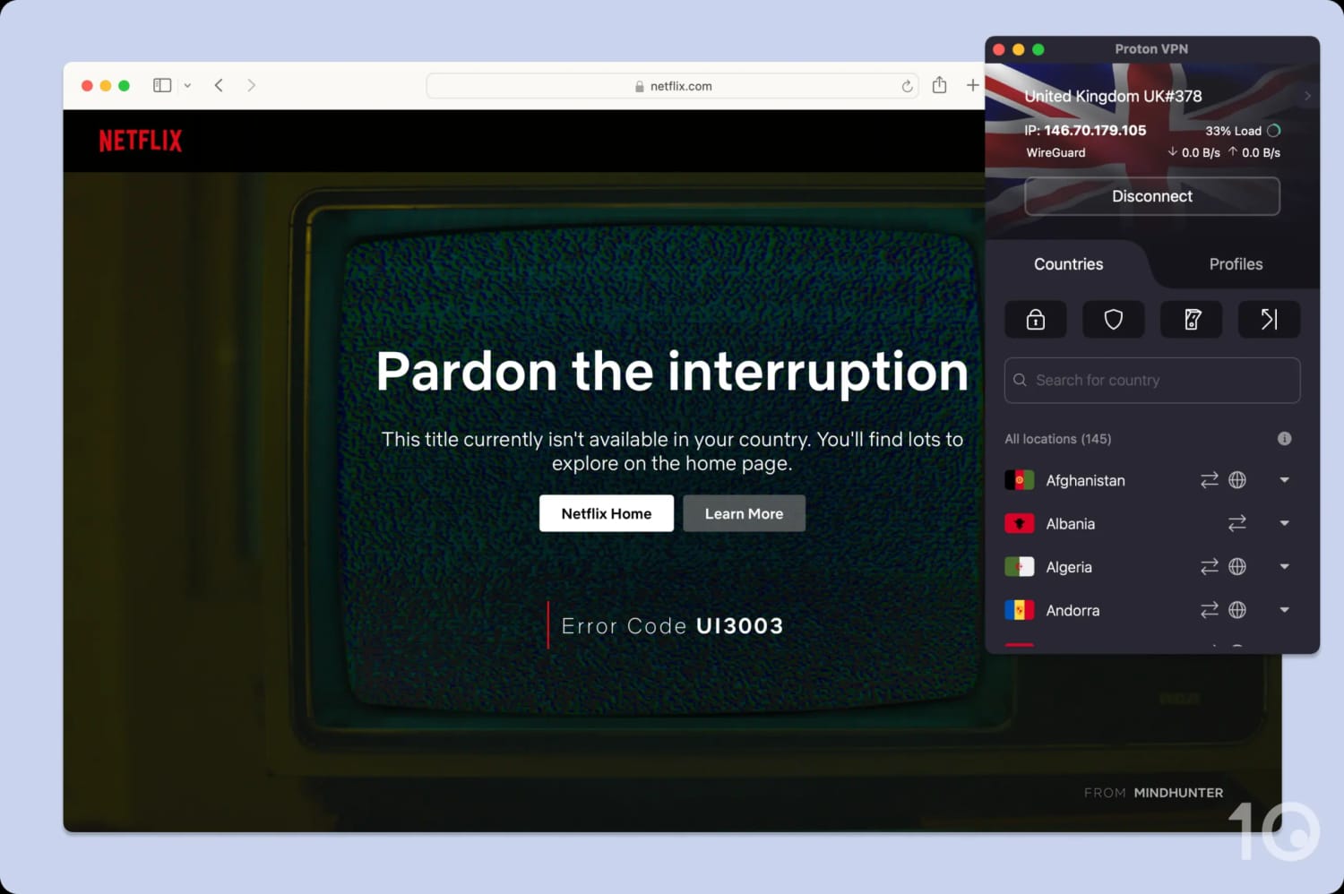 Screenshot of UK Netflix error code and Proton VPN.