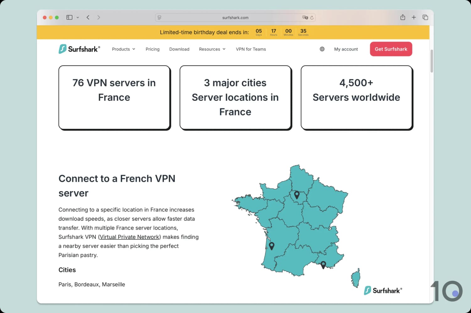 Screenshot of Surfshark's France server network, taken from its provider website.