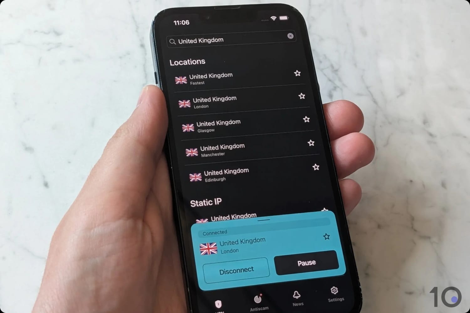 Surfshark's UK servers in-app.