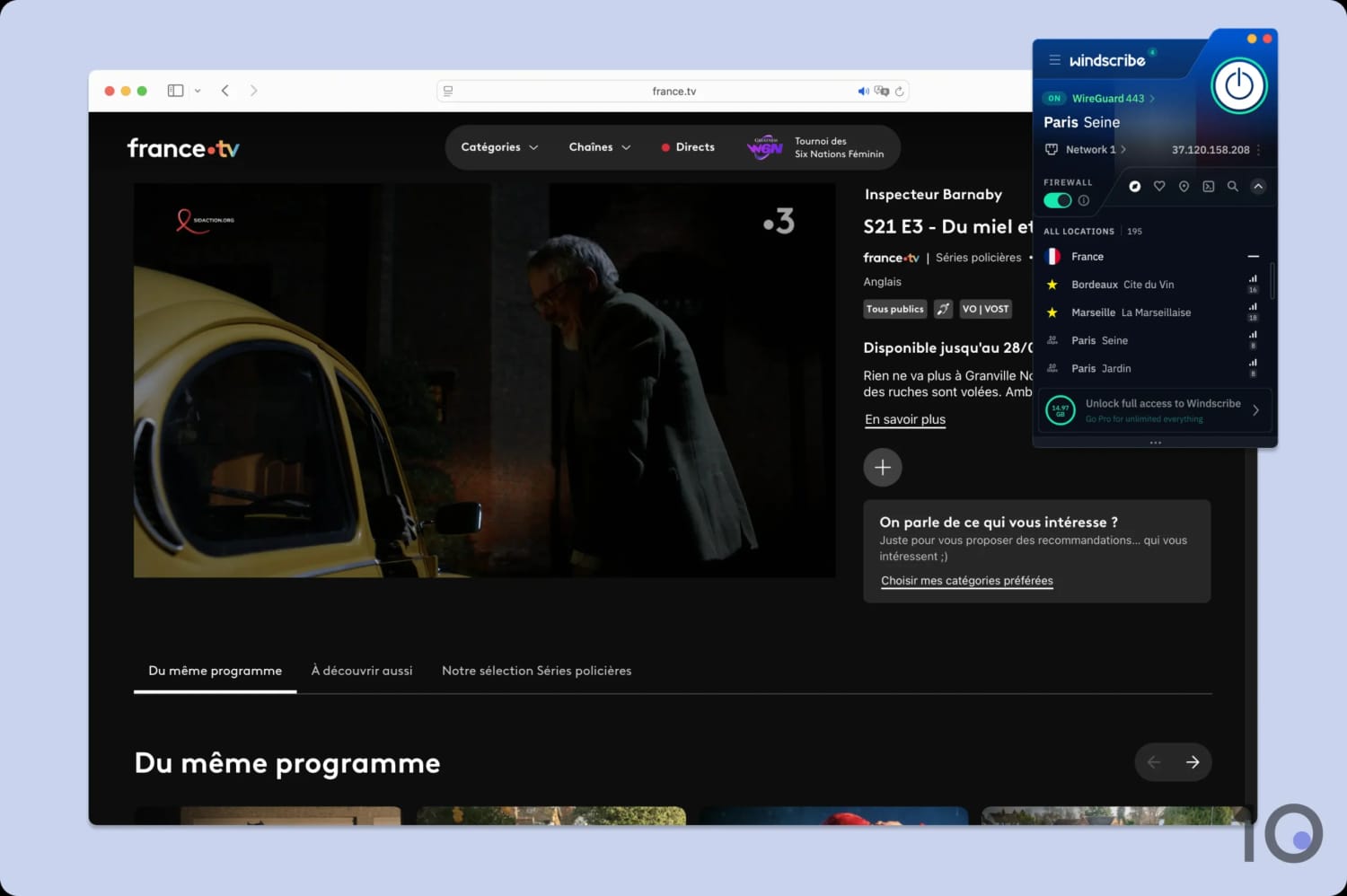 Screenshot of Windscribe unblocking France TV.