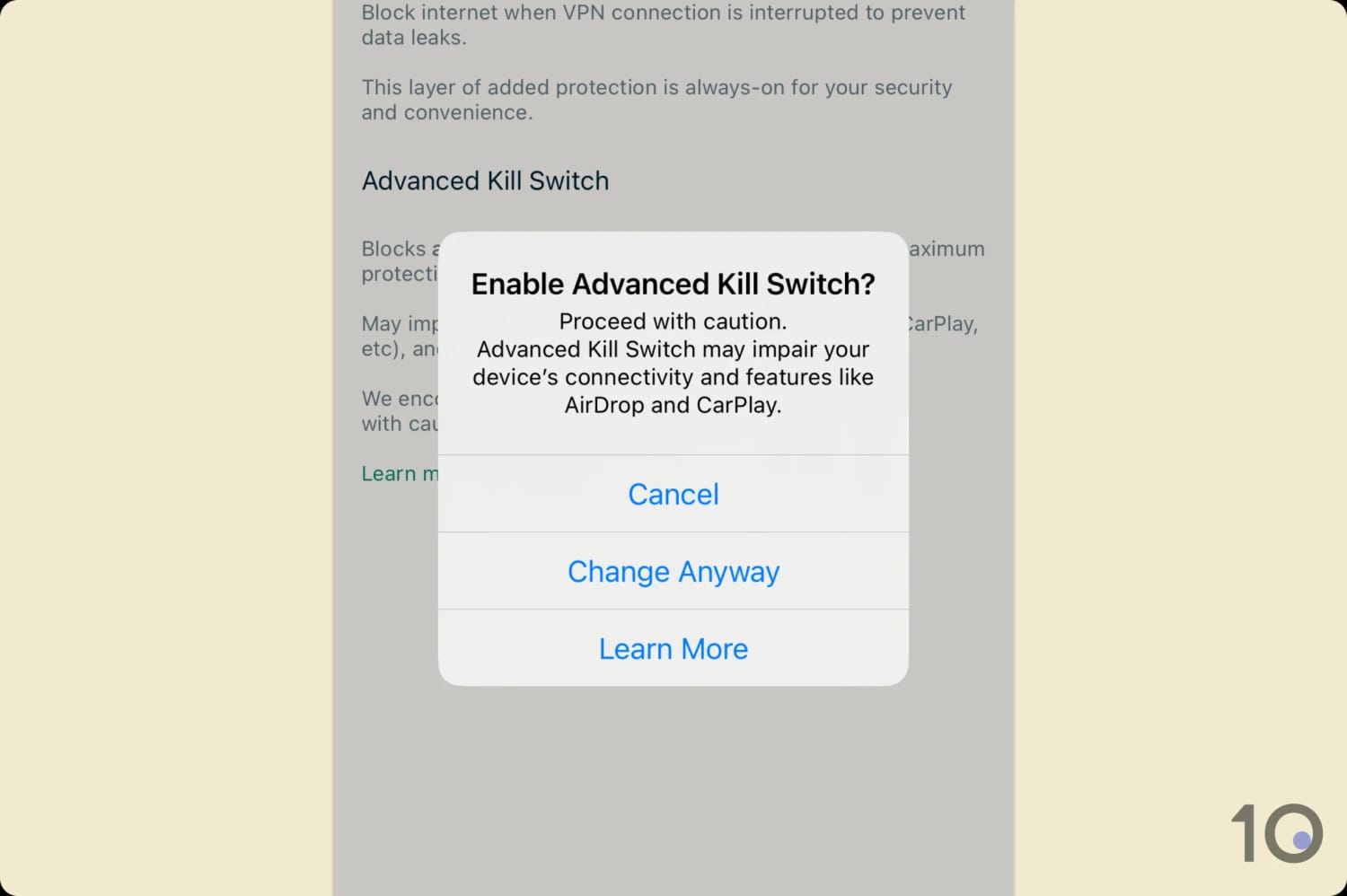 Activating ExpressVPN's advanced kill switch on iOS.