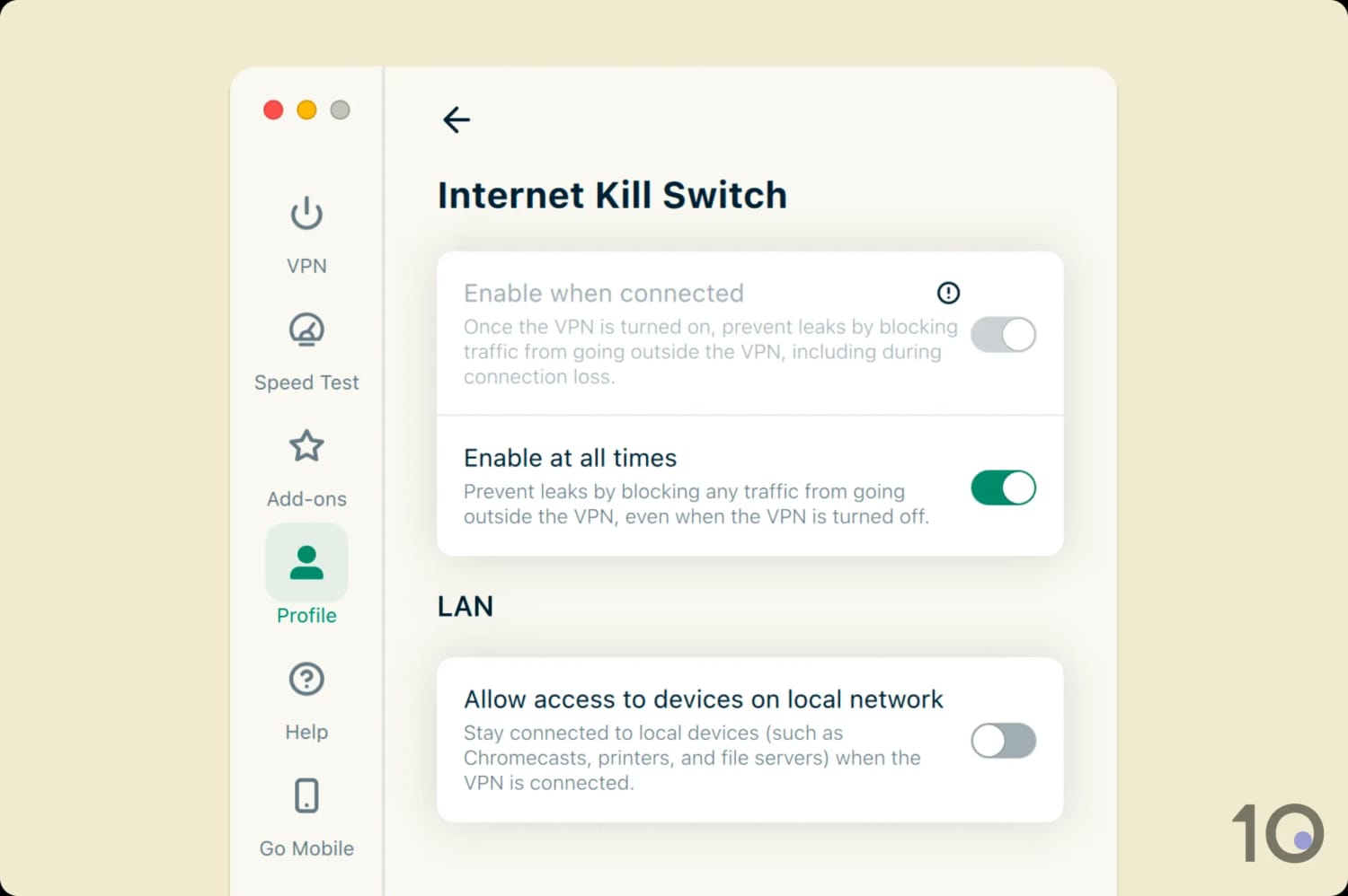 Screenshot of ExpressVPN's standard and permanent kill switches.