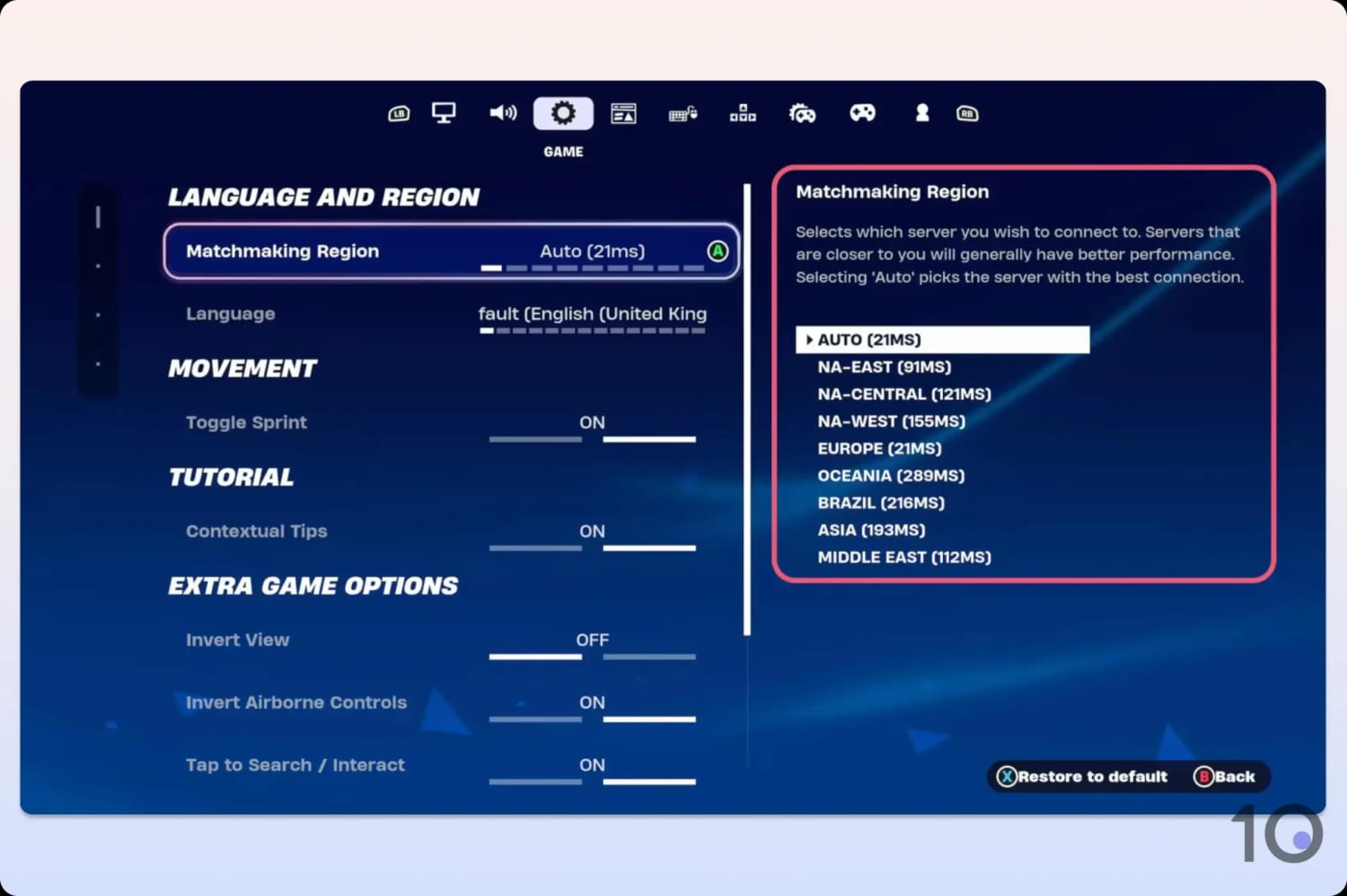Screenshot of Fortnite's game settings with matchmaking region highlighted.