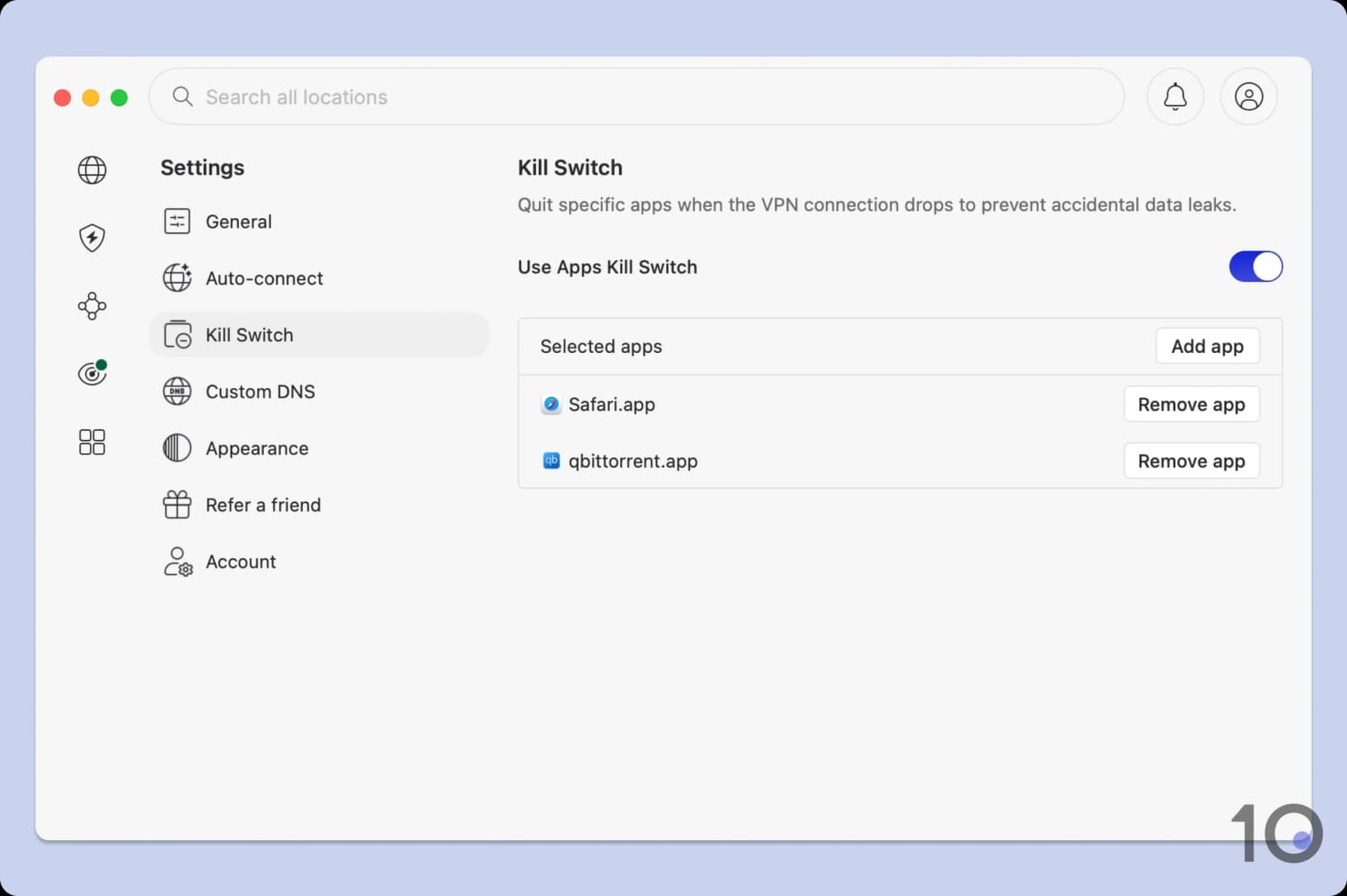 Screenshot of NordVPN's app-level kill switch.