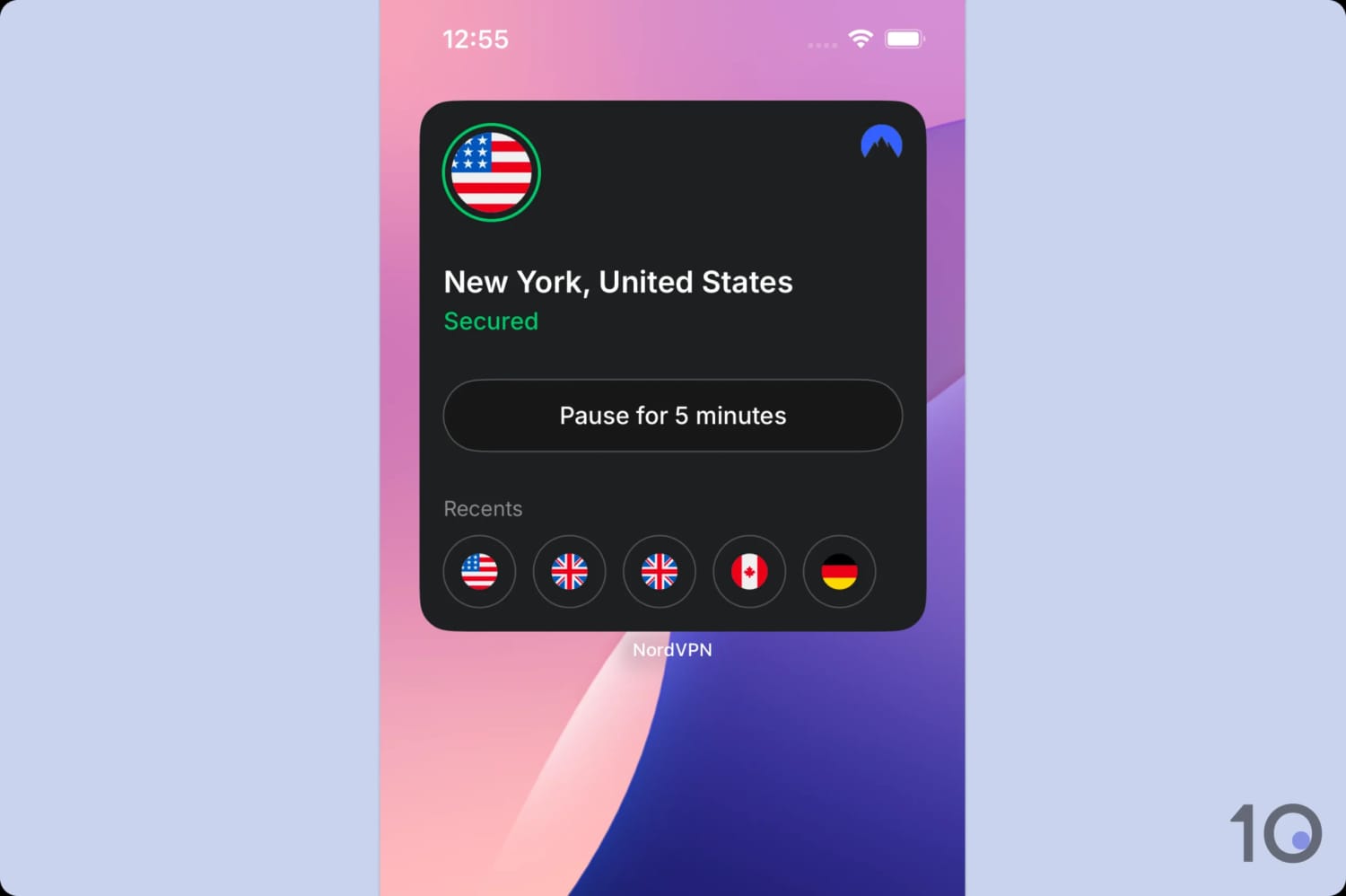 Screenshot of NordVPN's iOS widget.