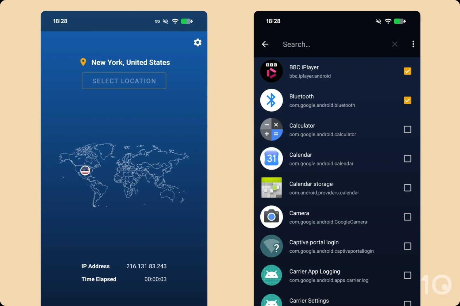 Using split tunneling in the StrongVPN Android app.