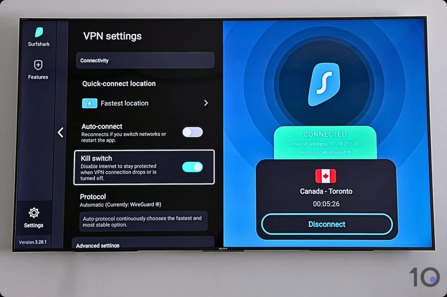 Surfshark's settings screen in its Android TV app.