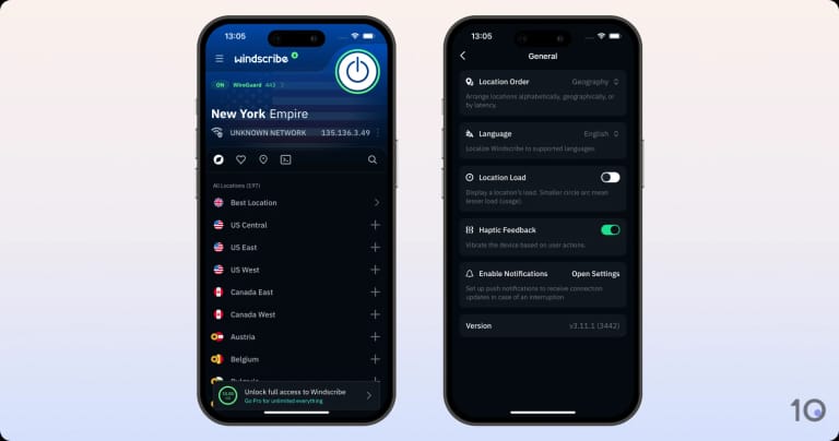 Windscribe's free iOS app.