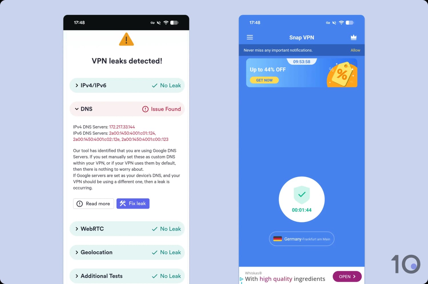 Side-by-side screenshots of Top10VPN's leak test tool showing a DNS issue, and the Snap VPN app.