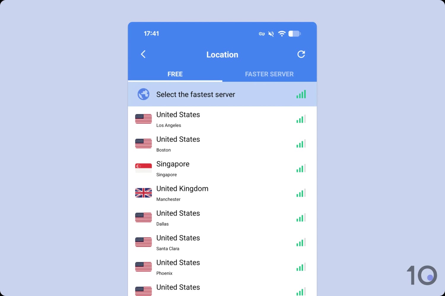 Screenshot of Snap VPN's server list.