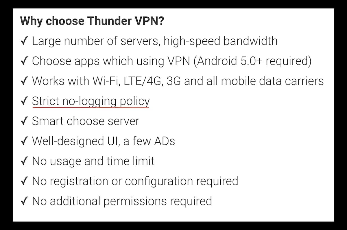 ThunderVPN’s Play Store listing, as archived by Top10VPN.